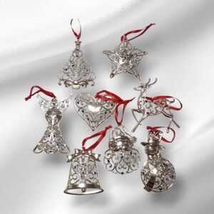 Lenox Sparkle & Scroll Silver Christmas Ornaments w/ Crystals Set of 8